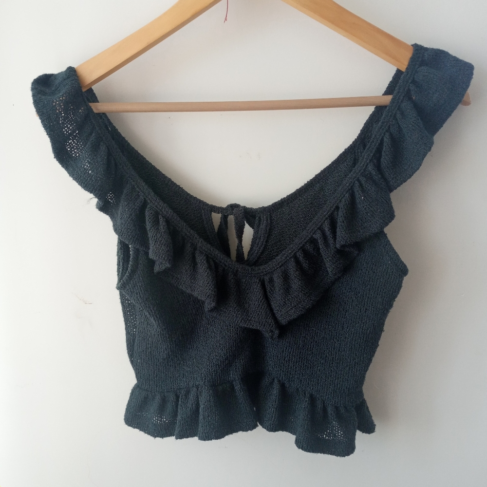 Urban Outfitters S Teal Tie-Front Ruffle Knit Top - Picture 4 of 10